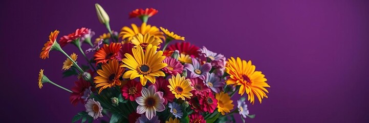 A vibrant mix of colorful flowers in a lush bouquet against a deep purple background with soft focus effect, vibrant purple backdrop, tropical garden scene