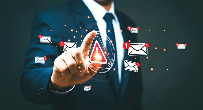 Cybersecurity Threat Alert: Businessman in suit interacts with a digital interface displaying multiple email alerts and a warning sign, symbolizing a cybersecurity threat or data breach. - Powered by Adobe