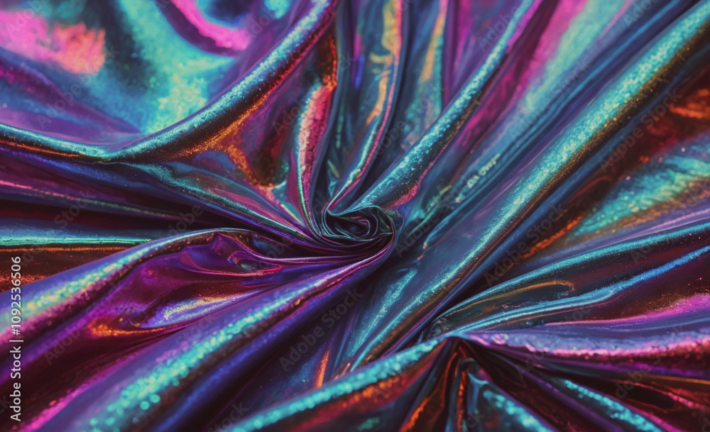 Poster piece of fabric with a purple and blue color. it is shiny and has a shiny texture