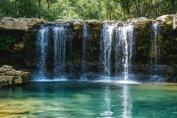 Obraz premium A serene waterfall cascading into a tranquil pool surrounded by greenery.