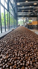 Coffee beans being roasted in a small roastery attached to a quaint bakery cafe