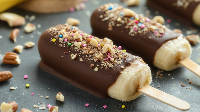A chocolate-dipped banana popsicle sprinkled with crushed nuts and rainbow sprinkles
