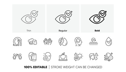Potato, Fair trade and Calories line icons. Pack of Mineral oil, Check eye, Cough icon. Social distancing, Face biometrics, Health skin pictogram. Dermatologically tested, Laptop. Line icons. Vector