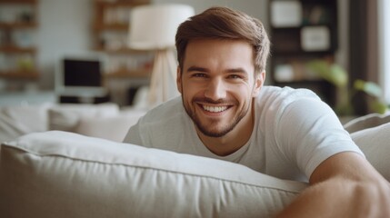 Smiling Man Leaning on Sofa