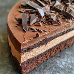 A close-up of a chocolate mousse cake with layers of ganache and sponge, topped with chocolate shards