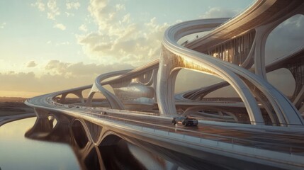 Obraz premium A complex bridge with overlapping layers, set in a sci-fi futuristic world 
