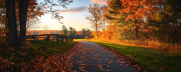 A serene autumn pathway lined with colorful trees and fallen leaves, inviting a peaceful stroll through nature's beauty.