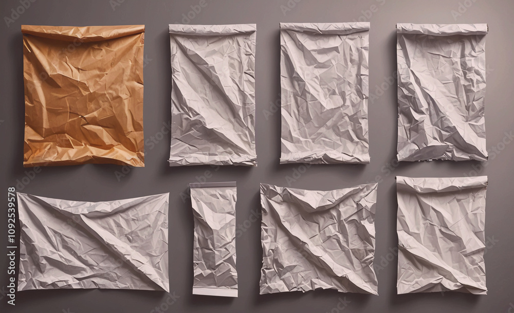 Poster Series of torn pieces of paper with one of them being brown. The paper is crumpled and torn in different ways