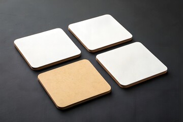  Professional mockup featuring square cardboard coasters in white and natural tones on a dark background, perfect for branding, identity, or design project presentations.