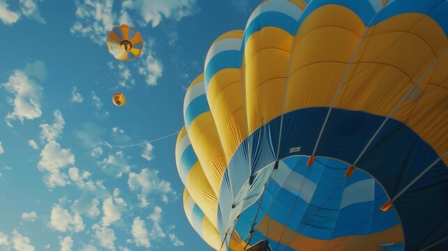 A blue and yello whot air balloon against a backdrop of blue sky low angle view