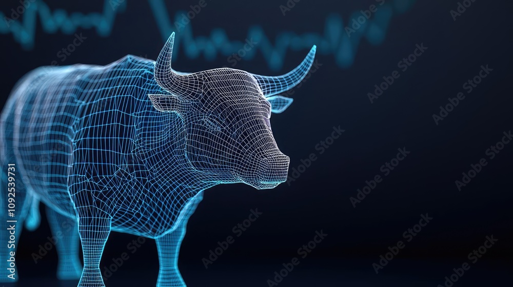 Poster wireframe bull symbolizing financial markets and stock trading concepts.