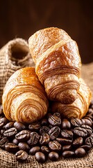 Roasted coffee beans in focus with a blurred backdrop of croissants and a bakery menu, styled editorially