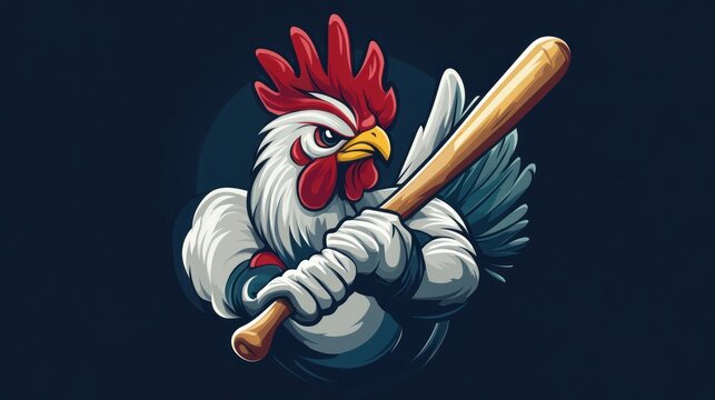 A fierce rooster with a determined expression holds a baseball bat, ready to swing.