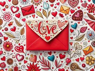 Fototapeta premium Groovy Romantic Valentine's Day Pattern Featuring Love Letters and Red Envelopes on a White Background for Creative Projects and Celebrations