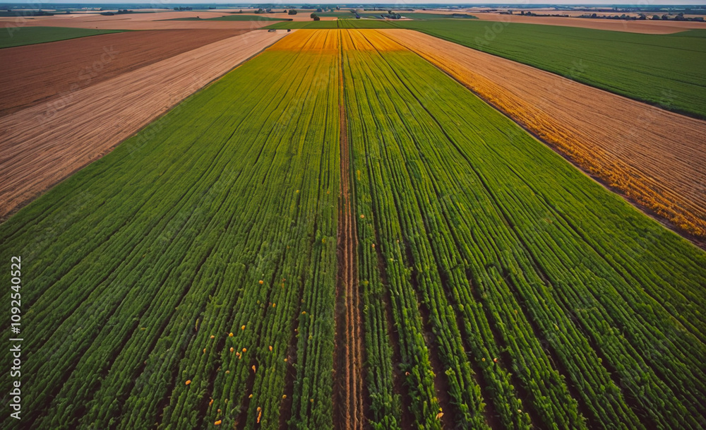 Poster field of green grass with a yellow stripe. the field is in the middle of a farm