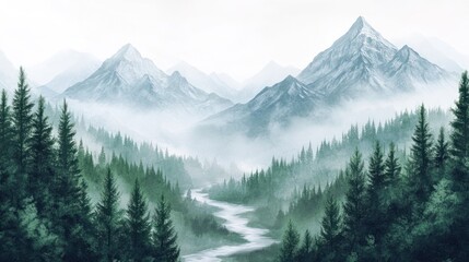 Fototapeta premium Serene mountain landscape with misty valleys and a winding river.