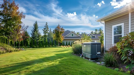 A home standby generator installed at the backyard of a house an air cooled natural gas or liquid propane generator for residential use