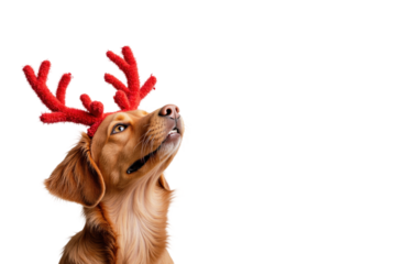 Festive dog wearing red antler headband isolated on transparent background for holiday designs