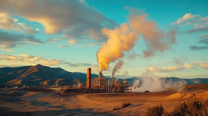 Fototapeta premium Geothermal Energy Extraction Operation Concept, Expansive Geothermal Energy Field Featuring Machinery with Emissions Against a Scenic Mountainous Background Under a Colorful Sky