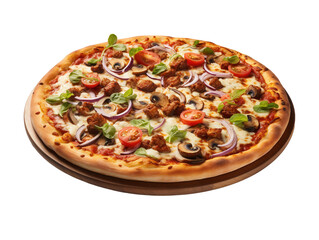 Delicious Chicken Mushroom Pizza with Red Onions, Tomatoes, and Basil on Transparent Background