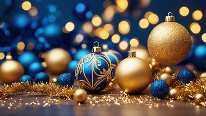 Matte Christmas background with blue and gold ornaments and festive decor