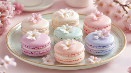 A plate of colorful French macarons in pastel shades with delicate floral decorations