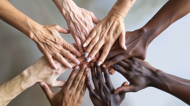 a group of diverse hands reaching towards a central point, their fingers interlocking to create a strong and supportive network