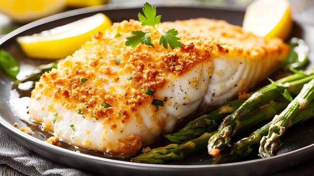 A plate of delicious panko breadcrumb crusted baked haddock with asparagus and lemon