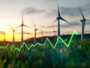 A digital graph overlays a field of grass, with wind turbines in the background, symbolizing growth and renewable energy.
