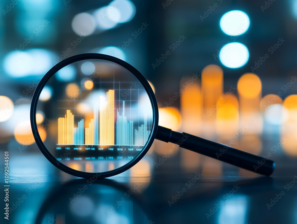 Aufkleber a magnifying glass focuses on colorful bar graphs, symbolizing data analysis and insights in a digit