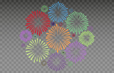 Vector fireworks. Multicolored fireworks on isolated transparent background. Fireworks png. Holiday fireworks. Festive background.