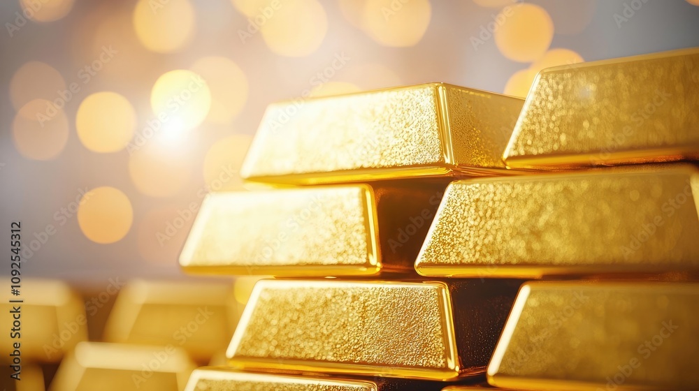 Poster Stacked gold bars with a soft bokeh background effect.
