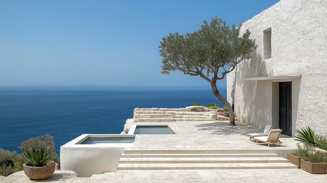 A minimalist coastal retreat with a stunning view of the ocean and serene surroundings in a tranquil environment