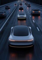 A car is driving down a highway with other cars in the background