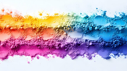 Obraz premium Vibrant Rainbow Powder Pigment Hues Spilled Across White Background, Abstract Textured Colorful Design