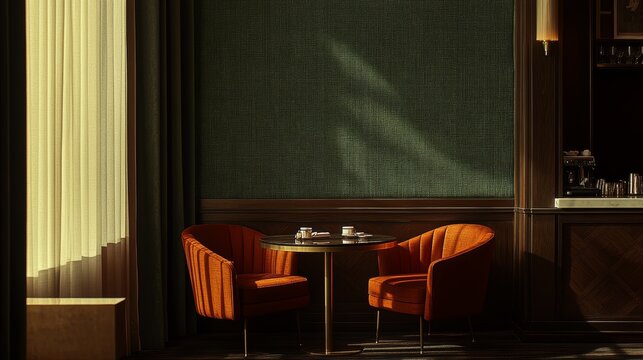 Elegant dining area with forest green walls and warm lighting creating a modern minimalist atmosphere