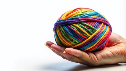 Hand Holding Multicolored Yarn on White Background with Copy Space for Knitting Community Banner, Hobby Promotion, and Yarn Sale Advertisement