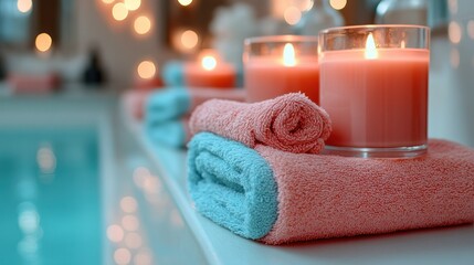 Relaxing spa setting with candles and towels.