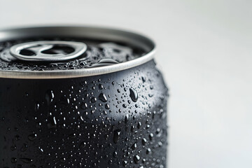 Black soda can with water droplets isolated on a plain white surface. 4k image