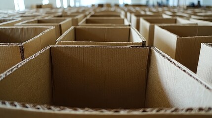 Rows of empty cardboard boxes in a warehouse.