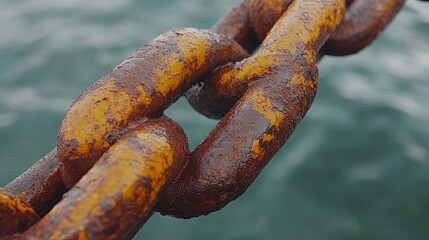 Rusty chain link against water background.