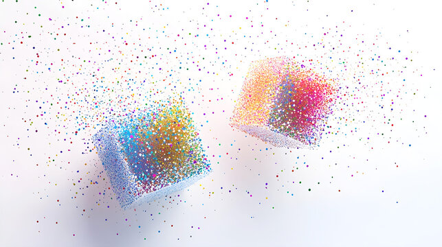 Abstract composition of two colorful cubic structures disintegrating into vibrant particles on a white background, representing creativity, digital art, and modern design concepts