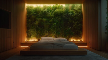 Fototapeta premium Cozy bedroom featuring a green wall design and ambient lighting in a modern sustainable home setting
