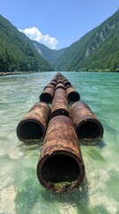Rusty pipes submerged in a clear river.