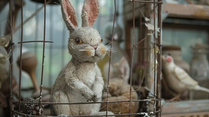Obraz premium Beige rabbit doll in cage accessories and toys for pets and birds