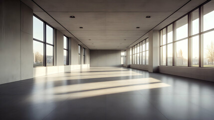 Obraz premium Sunlit Modern Concrete Room with Large Windows, Empty Space, Minimalist Design, Architectural Photography