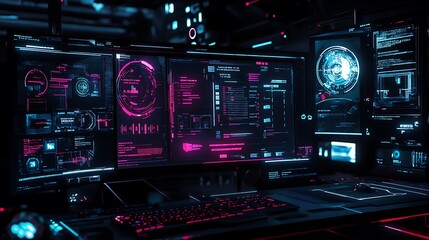 Futuristic Workstation with Neon-Lit Monitors and Interface Displays