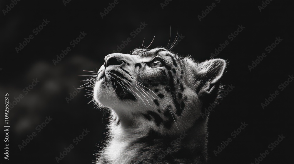 Aufkleber a monochrome portrait of a leopard gazing upward, highlighting its features and expressions.