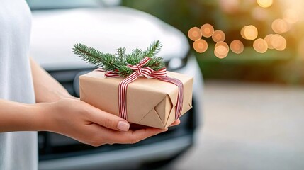 Christmas gift prepare delivery concept. A person holds a beautifully wrapped gift adorned with a sprig of greenery, with a blurred background of a car and festive lights.