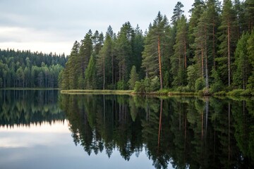 Obraz premium serene lake surface reflected in tall trees, natural beauty, nature scenery, greenery, still waters, outdoor scene